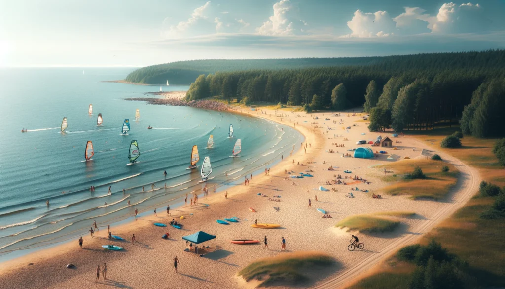 Plaża w Võsu, Estonia z szerokim, złotym piaskiem i czystą, błękitną wodą. Ludzie uprawiają sporty wodne, takie jak windsurfing i kajakarstwo, a w tle widoczne są bujne zielone lasy.