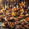 Różnorodne hiszpańskie dania, w tym tapas, paella, pintxos i kieliszki hiszpańskiego wina, rozłożone na drewnianym stole w przytulnej, rustykalnej restauracji.