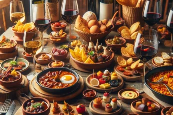 Różnorodne hiszpańskie dania, w tym tapas, paella, pintxos i kieliszki hiszpańskiego wina, rozłożone na drewnianym stole w przytulnej, rustykalnej restauracji.