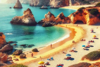 Piękna plaża w Portugalii z złotym piaskiem i czystą niebieską wodą