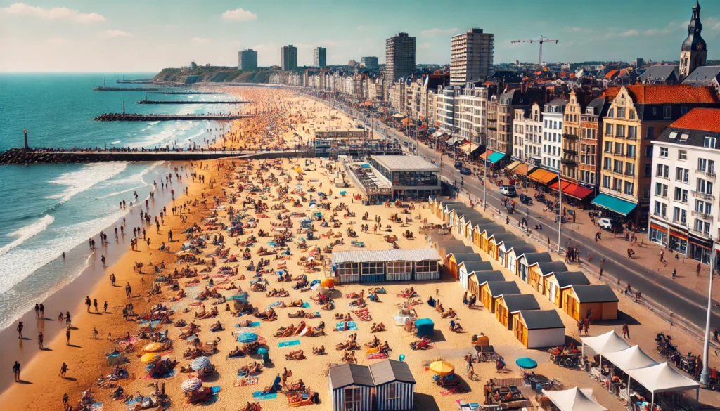 Plaża w Ostendzie, Belgia z złotym piaskiem i czystą błękitną wodą.