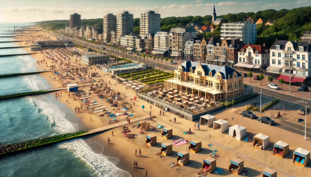 Luksusowy kurort plażowy w Knokke-Heist, Belgia z złotym piaskiem, czystą błękitną wodą i eleganckimi budkami plażowymi.