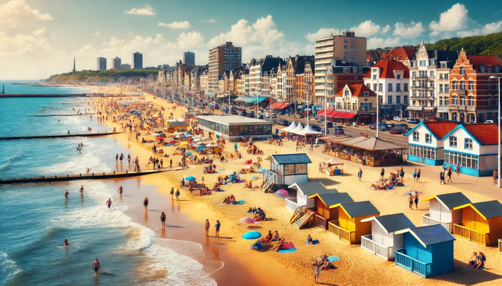 Plaża w Blankenberge, Belgia z złotym piaskiem, czystą błękitną wodą i rodzinami cieszącymi się słońcem.