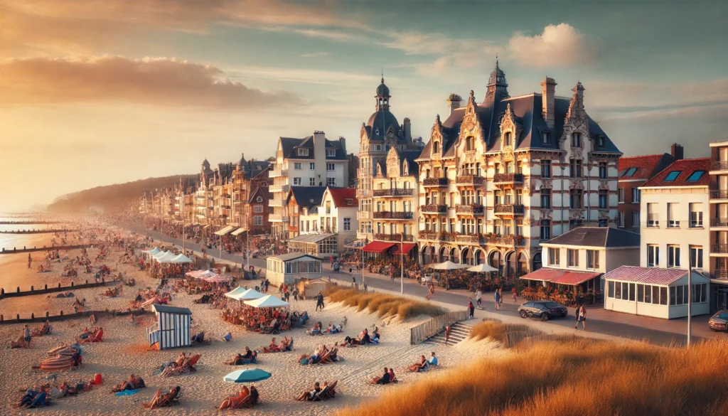 Plaża w De Haan, Belgia z szerokim piaszczystym brzegiem i architekturą Belle Epoque.