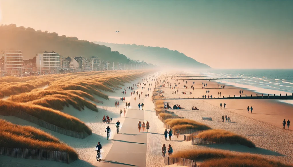 Plaża w Westende, Belgia z długim piaszczystym brzegiem i spokojną atmosferą.