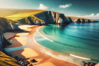 Malownicza plaża w Irlandii z czystą niebieską wodą i bujnymi zielonymi klifami