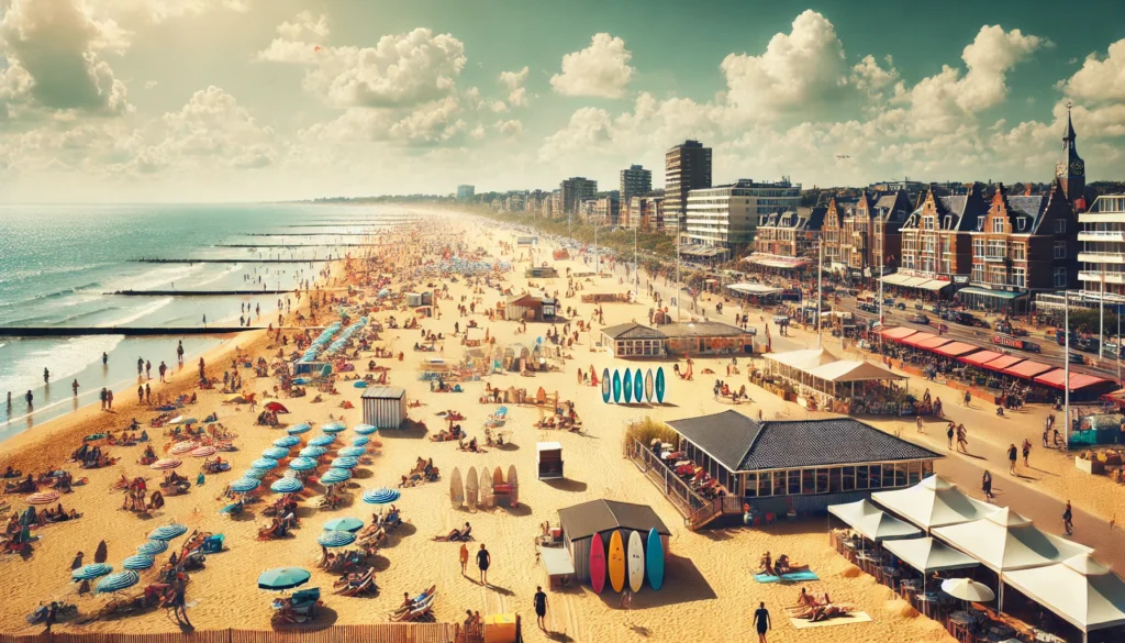 Popularna plaża w Zandvoort w Holandii z szerokim złotym piaskiem i czystą niebieską wodą