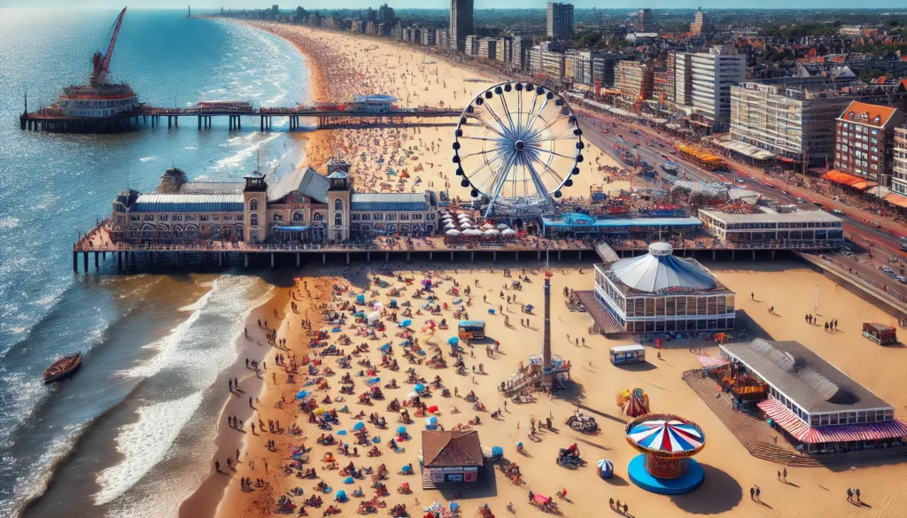 Popularna plaża w Scheveningen w Holandii z molo, diabelskim młynem i tętniącymi życiem bulwarami