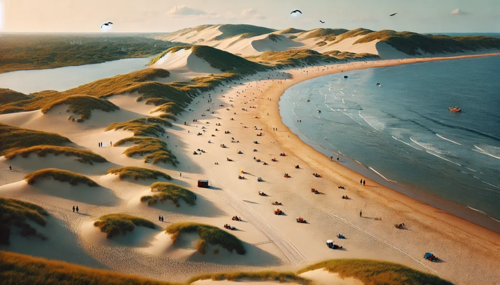 Spokojna plaża w Bergen aan Zee w Holandii otoczona imponującymi wydmami