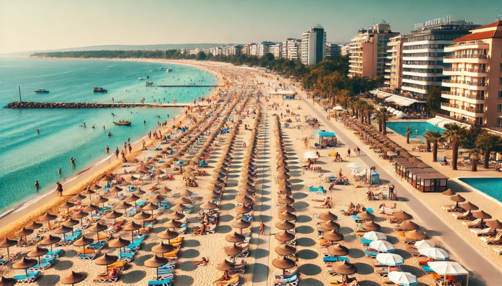 Plaża Słoneczny Brzeg w Bułgarii z długim odcinkiem piaszczystej plaży, czystymi niebieskimi wodami, licznymi parasolami plażowymi i leżakami.