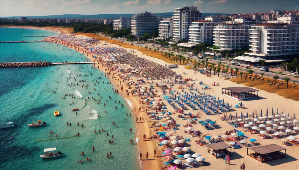 Plaża Złote Piaski w Bułgarii z długim odcinkiem piaszczystej plaży, czystymi niebieskimi wodami, licznymi parasolami plażowymi i leżakami.