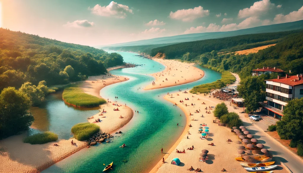 Plaża Veleka w Sinemorets, Bułgaria, z malowniczym widokiem na miejsce, gdzie rzeka spotyka się z morzem. Plaża z złocistym piaskiem, czystą niebieską wodą i bujną zielenią w tle.