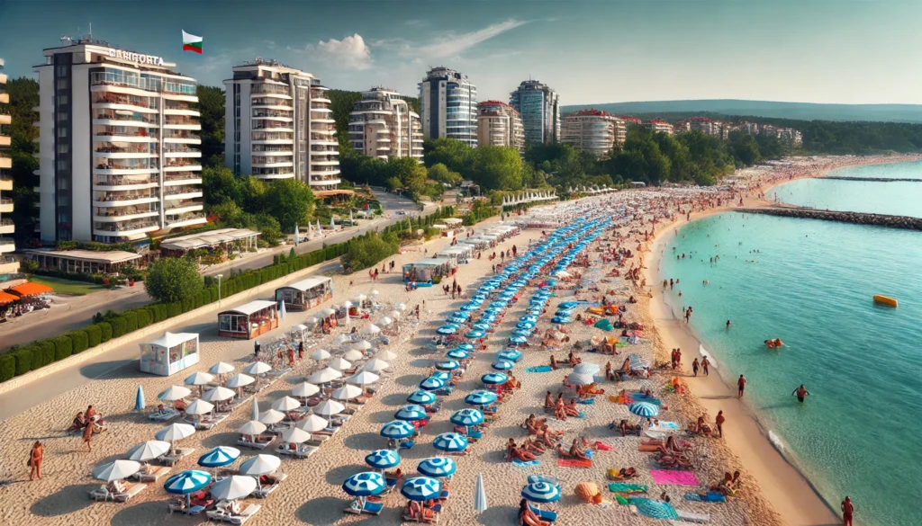 Plaża Albena w Bułgarii z szeroką piaszczystą plażą, czystymi niebieskimi wodami, licznymi parasolami plażowymi i leżakami. Rodziny cieszą się słońcem, dzieci się bawią, a w tle widać nowoczesne hotele i zieleń.