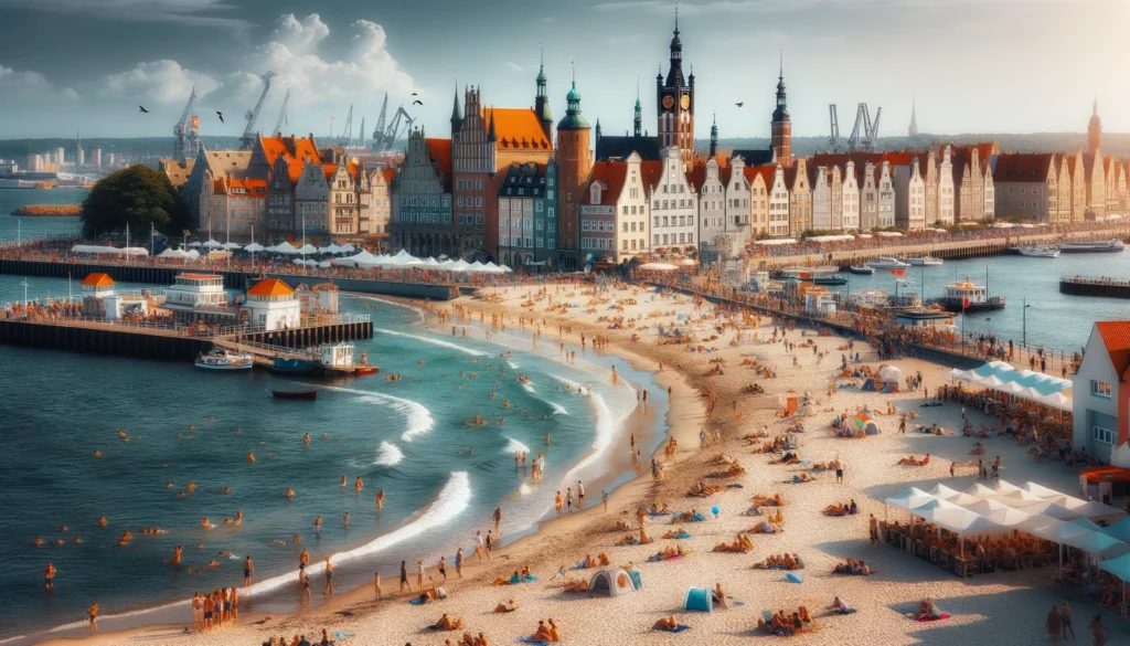 Plaża w Gdańsku z pięknymi plażami Stogi i Brzeźno, ludzie relaksujący się na piasku, kąpiący się w morzu, w tle zabytkowe budynki Gdańska w słoneczny dzień.