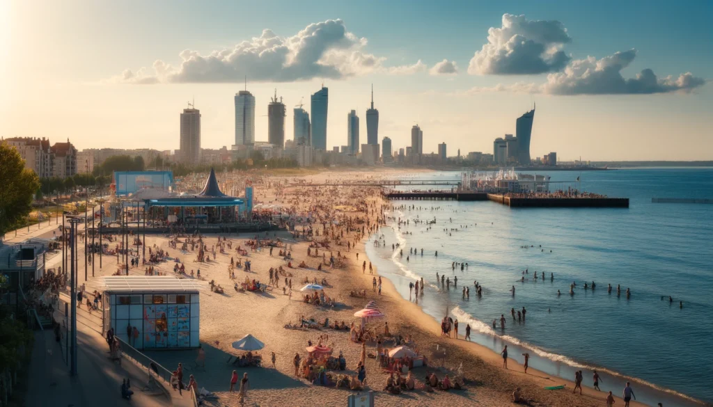 Plaża w Gdyni z nowoczesnymi nadmorskimi atrakcjami, ludzie cieszący się piaszczystym brzegiem, dzieci bawiące się, w tle panorama miasta w słoneczny dzień.