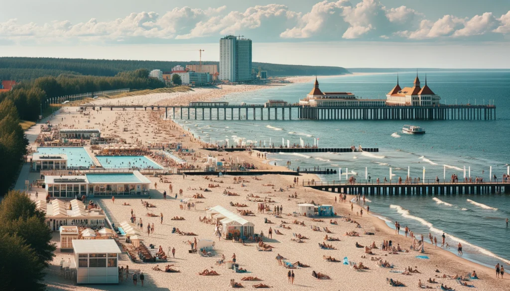 Plaża w Kołobrzegu z szerokim, piaszczystym brzegiem, ludzie relaksujący się na plaży, molo sięgające w morze, w tle nowoczesne ośrodki SPA w słoneczny dzień.