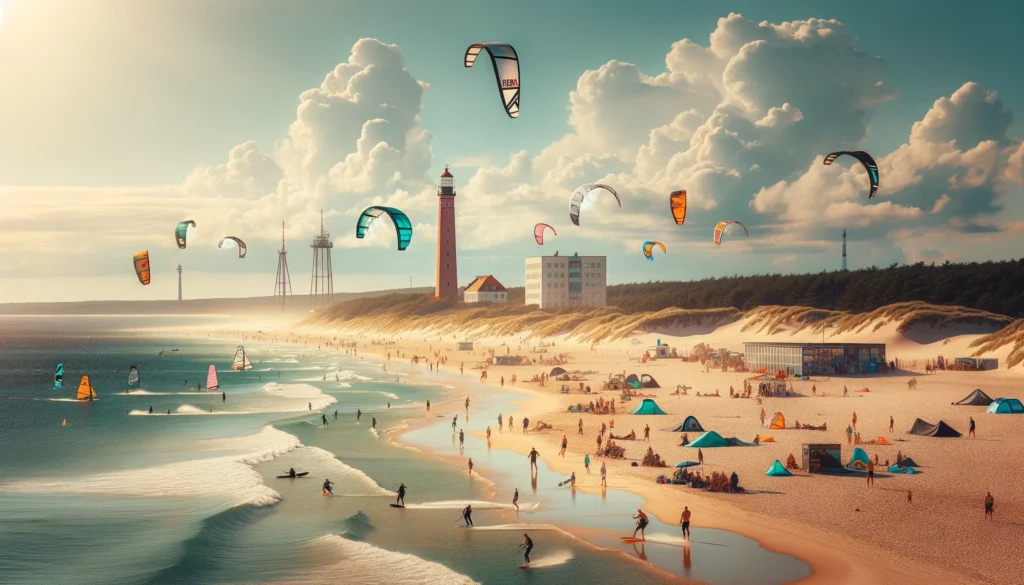 Plaża w Helu z pięknym, piaszczystym brzegiem, ludzie uprawiający sporty wodne, takie jak kitesurfing i windsurfing, latarnia morska w tle, słoneczny dzień z błękitnym niebem.
