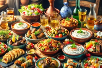 Tradycyjne greckie potrawy: Moussaka, Souvlaki, Spanakopita, Grecka Sałatka, Dolmades, Baklava i Tzatziki, podane z napojami Ouzo i Retsina na rustykalnym stole w greckiej tawernie.