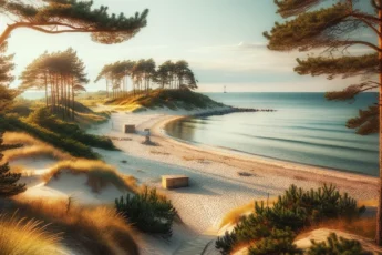 Piękna plaża na Łotwie z białym piaskiem, spokojnym morzem i latarnią morską w tle.