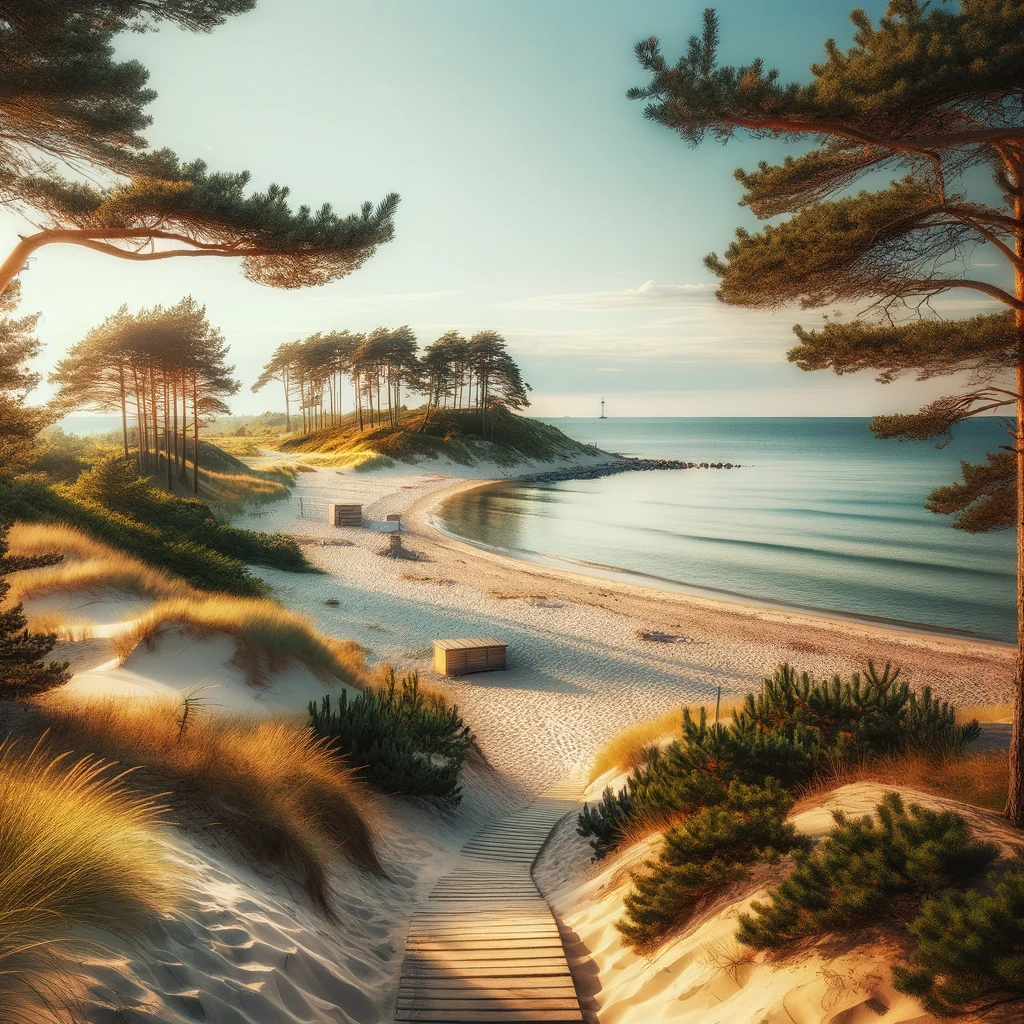 Piękna plaża na Łotwie z białym piaskiem, spokojnym morzem i latarnią morską w tle.
