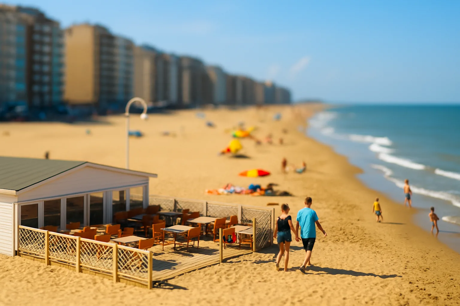 Plaża w Belgii z widokiem na kawiarenkę i promenadę w stylu tilt-shift – Morze Północne latem