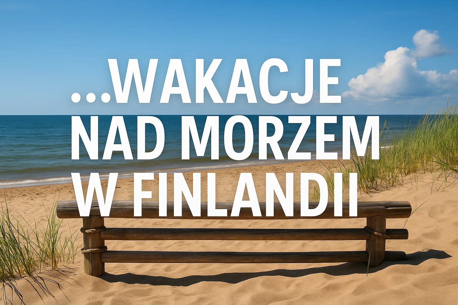 Plaża w Finlandii z napisem „Wakacje nad morzem w Finlandii” na drewnianym ogrodzeniu, w tle morze, piasek i błękitne niebo