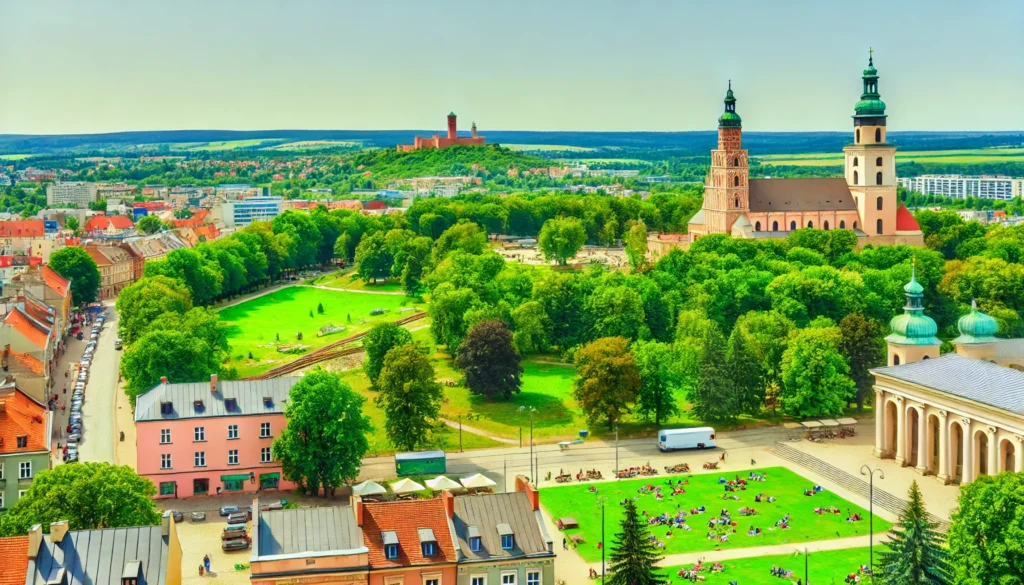 Widok na Kalisz, Polska - Bazylika, Parki i Zamek Kaliski