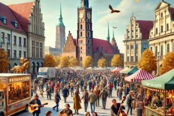 Street scene in Wrocław, Poland, with people attending events, a concert, and a pop-up market on an autumn day.