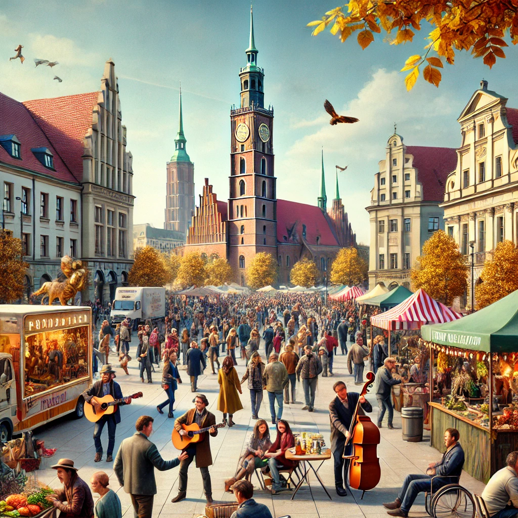 Street scene in Wrocław, Poland, with people attending events, a concert, and a pop-up market on an autumn day.