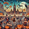 Scena Halloween we Wrocławiu z ludźmi w kostiumach, wampirami i gotyckimi postaciami na tle architektury Wrocławia.