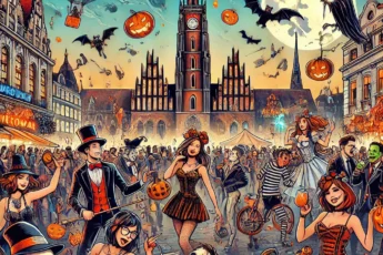 Scena Halloween we Wrocławiu z ludźmi w kostiumach, wampirami i gotyckimi postaciami na tle architektury Wrocławia.