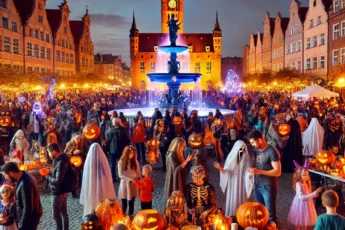 "Scena wydarzeń Halloween w Gdańsku z dyniami, przebierańcami i fontanną Neptuna