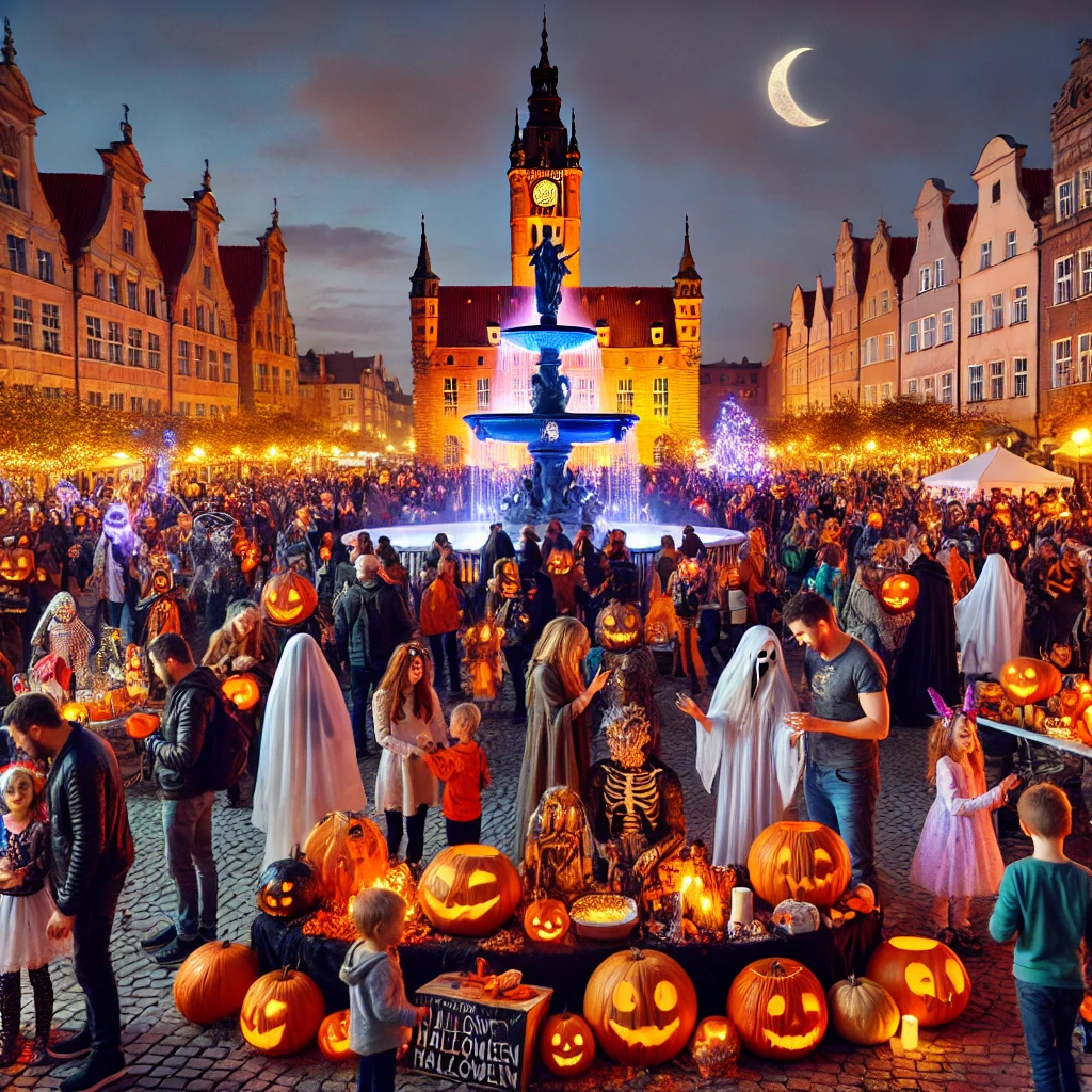 "Scena wydarzeń Halloween w Gdańsku z dyniami, przebierańcami i fontanną Neptuna