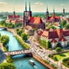 Malownicza panorama Wrocławia z widokiem na Ostrów Tumski i Odrę w pogodny dzień.