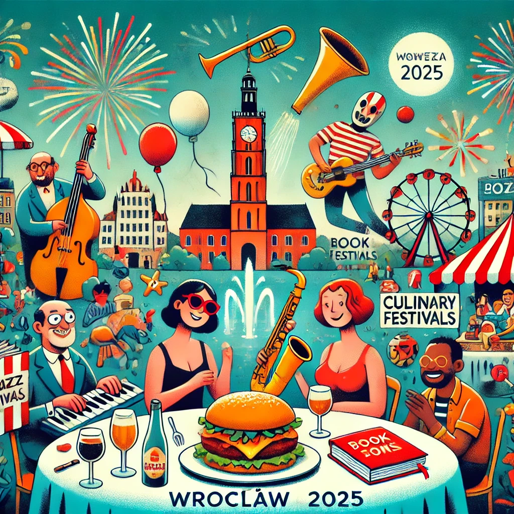 Zabawna karikatura przedstawiająca wydarzenia we Wrocławiu w 2025 roku