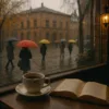 Autumn rainy day in Wroclaw - a view from a cozy cafe on a wet street, passers -by with umbrellas, warm light inside and a cup of coffee on the table