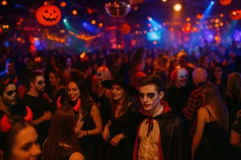 impreza halloweenowa w klubie we Wrocławiu – tłum ludzi w przebraniach, światła, dekoracje z dyniami, atmosfera święta