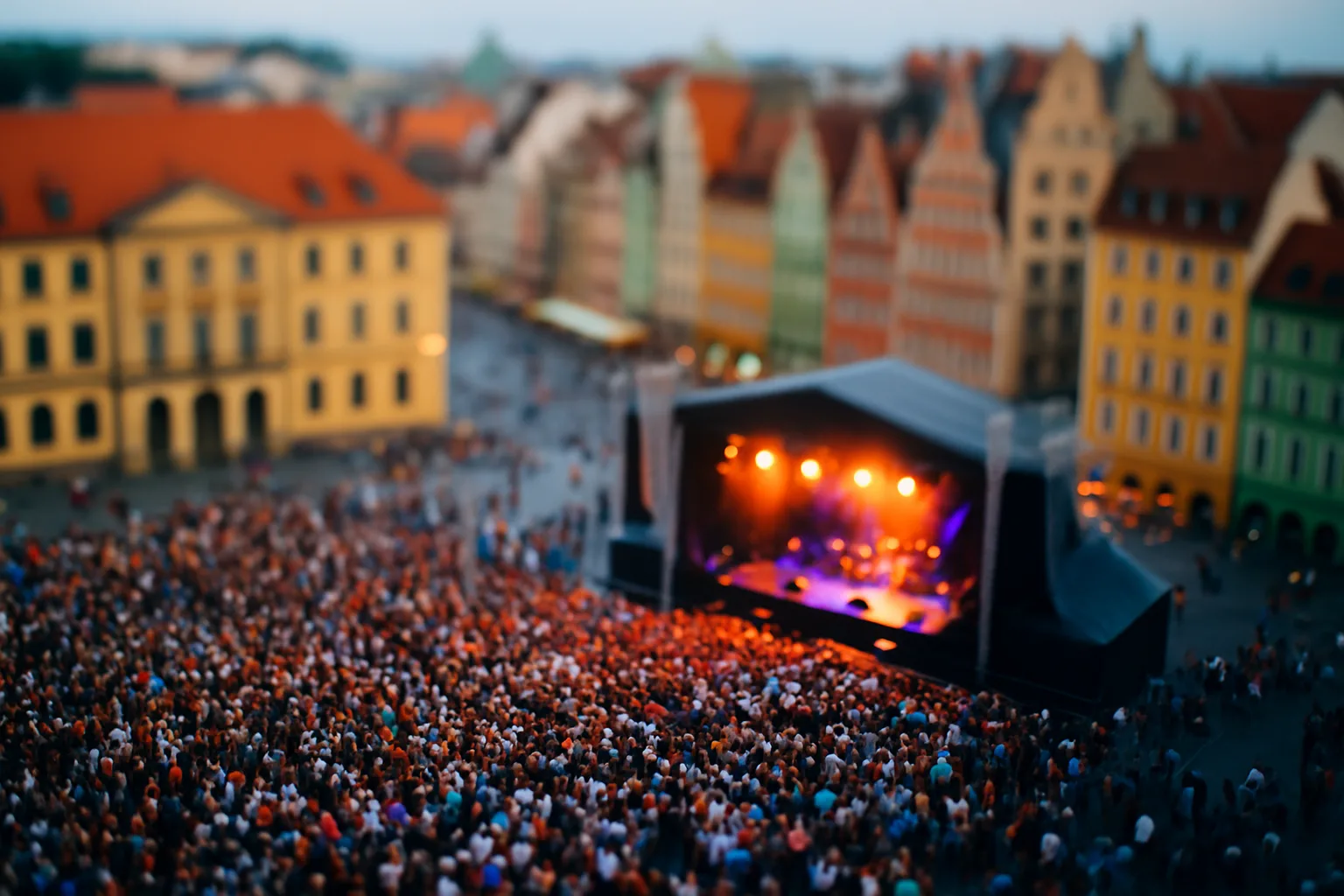 Wrocław Rynek - Ein Konzert im Freien vor dem Hintergrund von Wohnungen, Bühne und Menge
