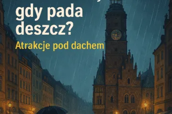 Deszczowy wieczór we Wrocławiu z Rynkiem i Ratuszem w tle, postać z parasolem, pytanie „Co robić we Wrocławiu, gdy pada deszcz?” jako część krajobrazu