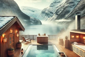 Termalne SPA Norwegia z widokiem na fiord.