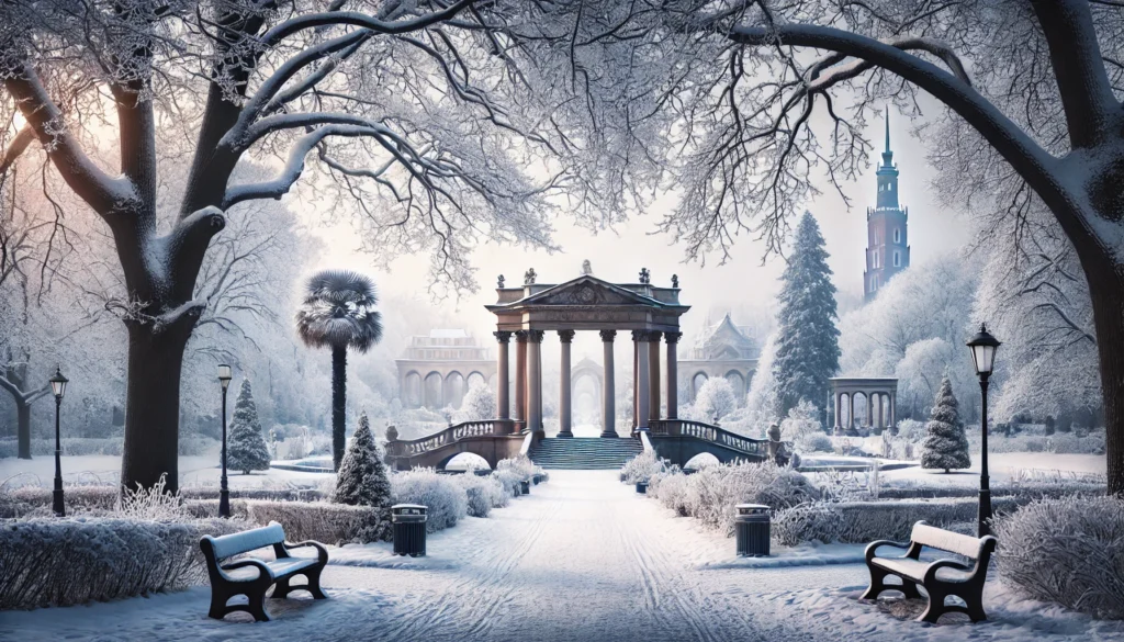 Zimowy widok na Park Szczytnicki we Wrocławiu – zaśnieżone alejki w otoczeniu oszronionych drzew, pokryta śniegiem Pergola oraz w tle Hala Stulecia w zimowej scenerii.