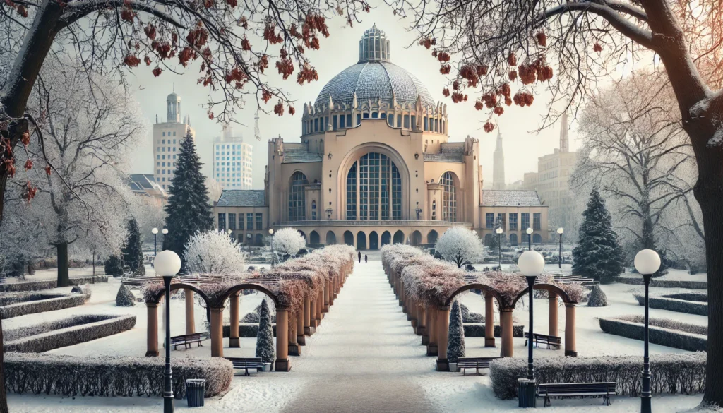 Zimowy widok na Halę Stulecia we Wrocławiu – modernistyczny budynek otoczony zaśnieżonymi alejkami i oszronionymi drzewami. W tle widoczny Pawilon Czterech Kopuł, a w pierwszym planie Pergola pokryta lekkim śniegiem.