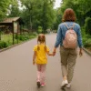 Matka z dzieckiem spacerująca alejką w zoo we Wrocławiu