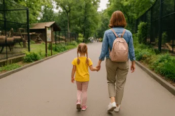 Matka z dzieckiem spacerująca alejką w zoo we Wrocławiu