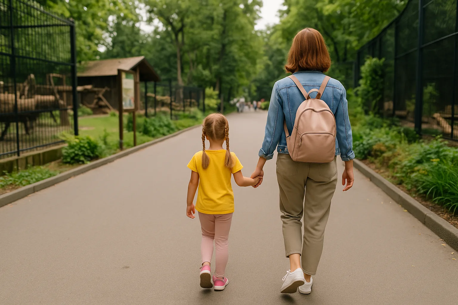 Matka z dzieckiem spacerująca alejką w zoo we Wrocławiu