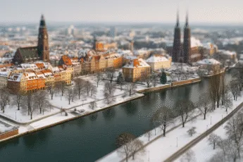Zimowy widok na Wrocław – Rynek, Ostrów Tumski i bulwary nad Odrą pokryte śniegiem, idealne miejsca na spacer w centrum miasta