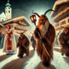 A lively Krampus Run scene in an Austrian alpine town square at night, featuring Krampus figures in heavy fur and wooden masks alongside Saint Nicholas in a bishop's robe, with a snow-covered village and cheering crowd.