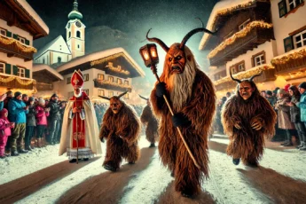 A lively Krampus Run scene in an Austrian alpine town square at night, featuring Krampus figures in heavy fur and wooden masks alongside Saint Nicholas in a bishop's robe, with a snow-covered village and cheering crowd.