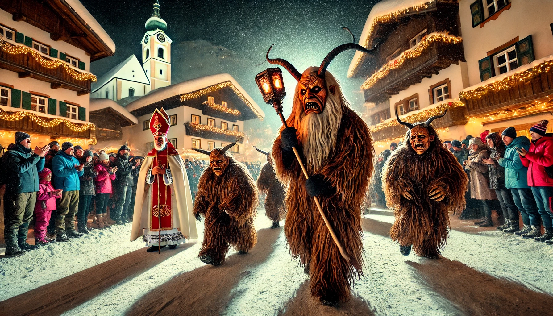 A lively Krampus Run scene in an Austrian alpine town square at night, featuring Krampus figures in heavy fur and wooden masks alongside Saint Nicholas in a bishop's robe, with a snow-covered village and cheering crowd.