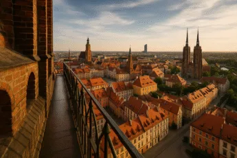 Mostek Pokutnic we Wrocławiu – widok z mostku na czerwone dachy Starego Miasta, Ostrów Tumski i Sky Tower o zachodzie słońca